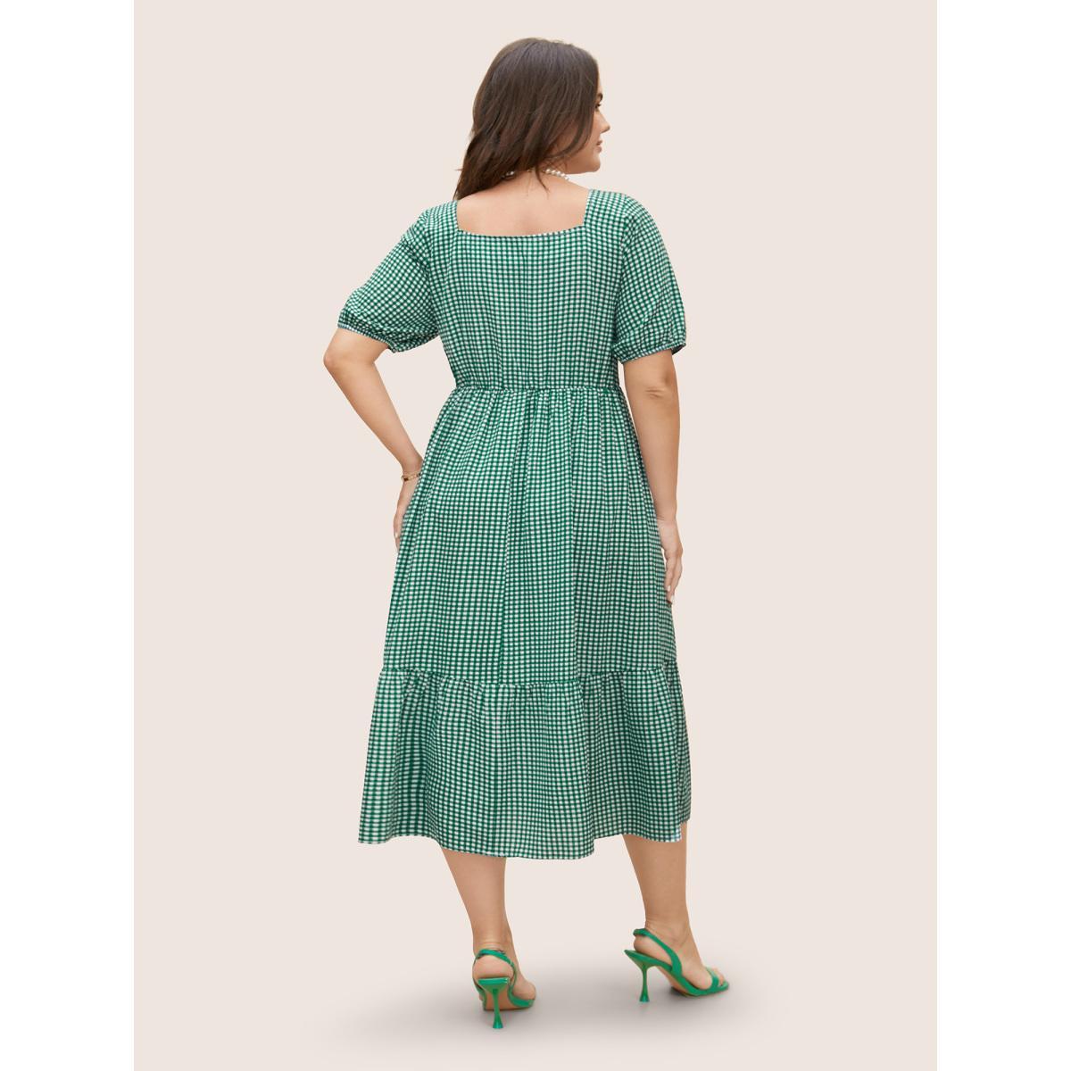 Plus Size Square Neck Gingham Elastic Waist Midi Dress Emerald Women Elegant Gathered Square Neck Half Sleeve Curvy BloomChic 26/4X Product Image