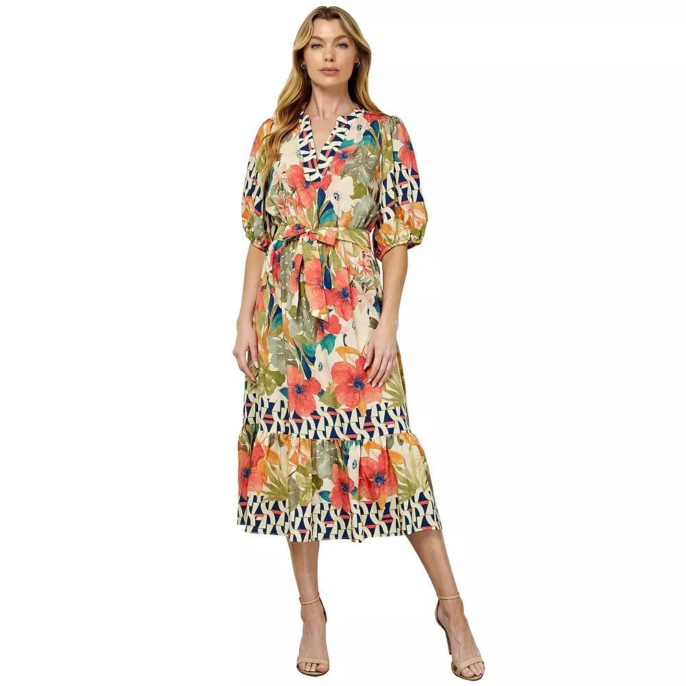 Women's Figueroa & Flower Printed Fit & Flare V-Neck Peasant Dress, Size: Small, Ivory Olive Product Image