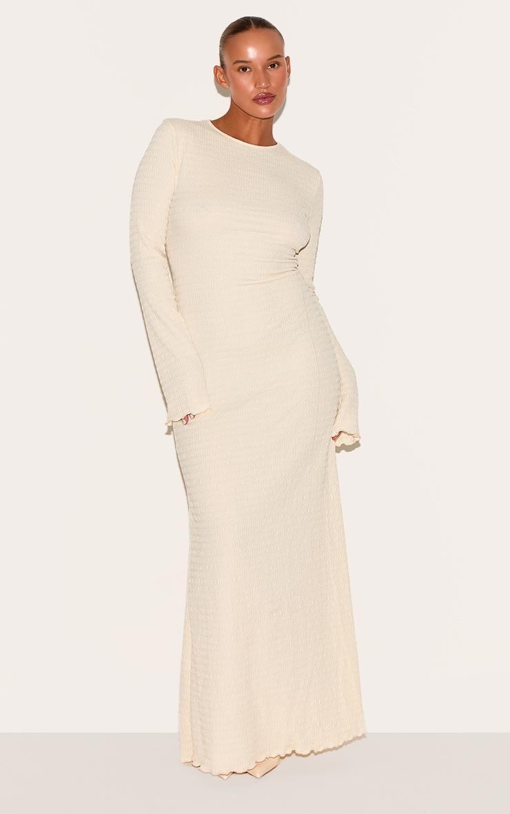 Plus Cream Crinkle Textured Lettuce Hem Long Sleeve Maxi Dress Product Image