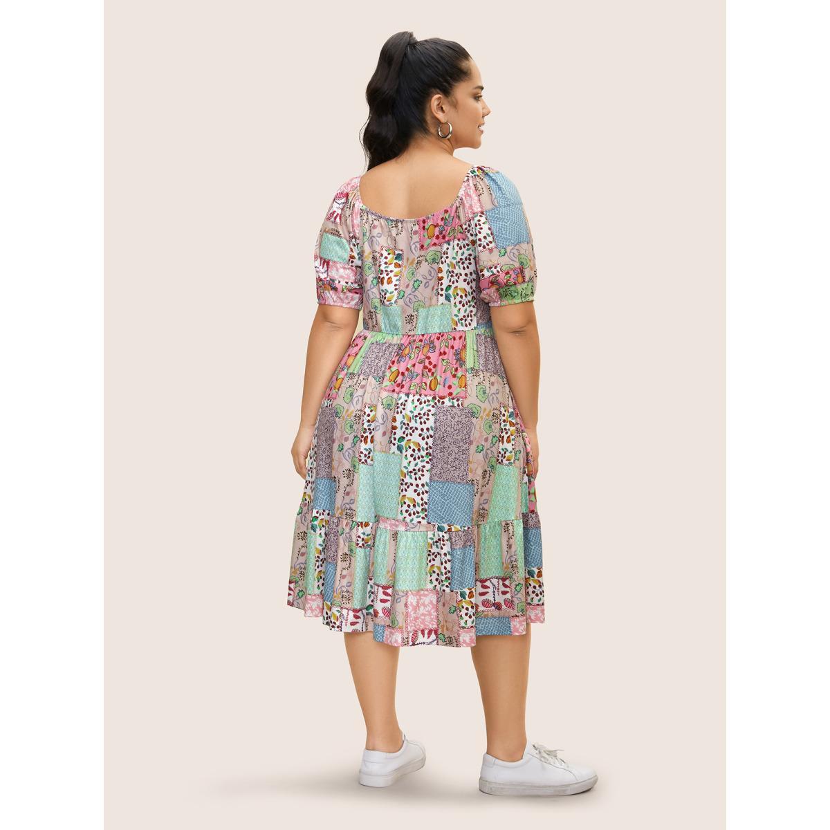 Plus Size Patchwork Boho Print Raglan Sleeve Midi Dress Multicolor Women Casual V-neck Short sleeve Curvy BloomChic 14-16/1X Product Image
