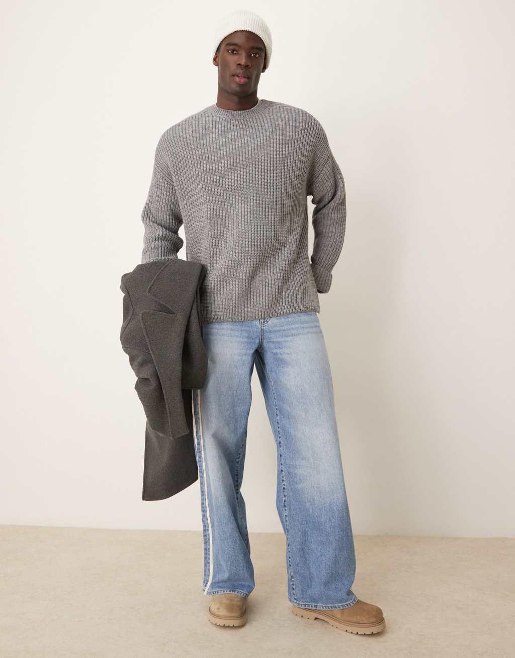 ASOS DESIGN oversized wool mix heavyweight rib sweater in light gray Product Image