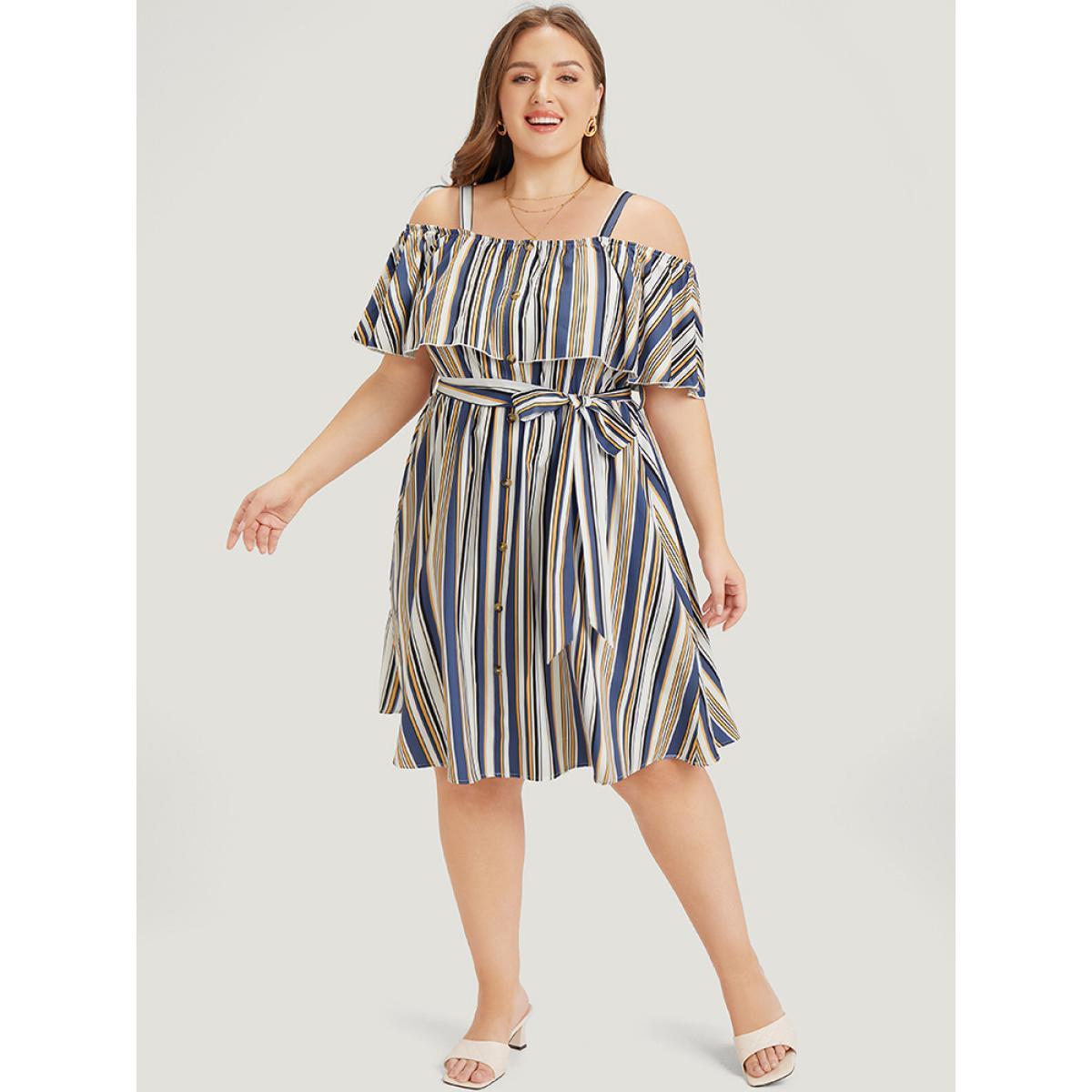 Plus Size Striped Cold Shoulder Belt Pocket Button Detail Dress Blue Women Vacation Adjustable Straps Spaghetti Strap Short sleeve Curvy Knee Dress BloomChic 26/4X Product Image