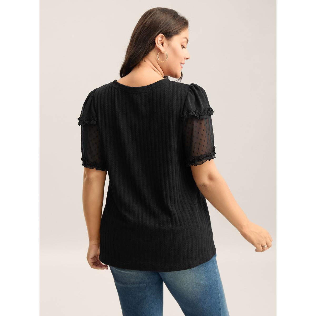 Plus Size Textured Pit Strip Layered Sleeve Sheer T-Shirt Black Women Texture Round Neck Everyday-Casual T-shirts BloomChic 10/M Product Image