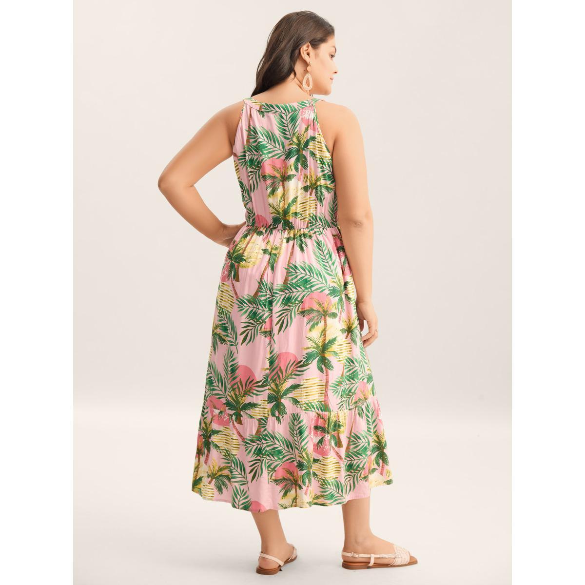 Plus Size Tropical Print Cinched-Waist Pockets Midi Dress Lightpink Women Round Neck Sleeveless Curvy BloomChic 12/L Product Image