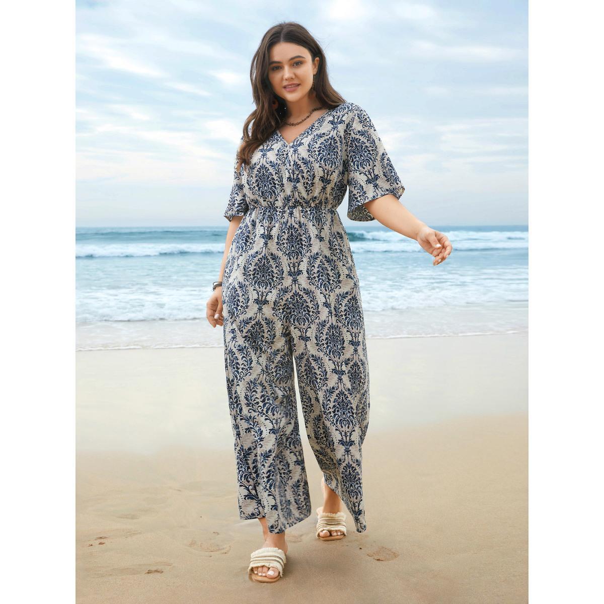 Plus Size Mediumblue Surplice Neck Ornate Print Ties Straight-Leg Jumpsuit Women Resort Half Sleeve Overlap Collar Vacation Loose Jumpsuits BloomChic 22-24/3X Product Image