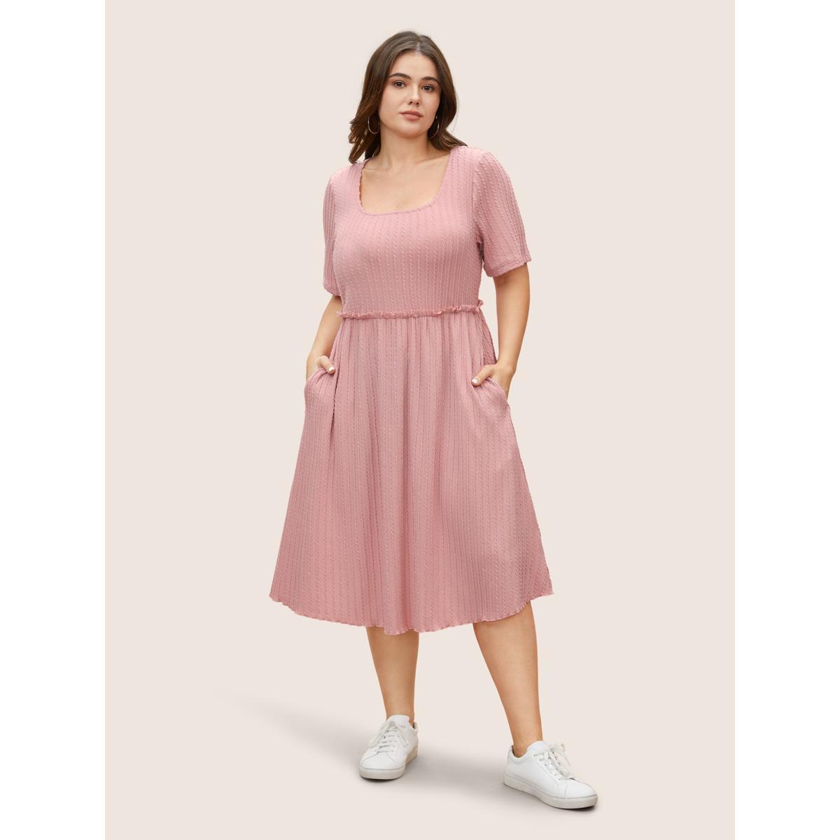Plus Size Plain Textured Frill Trim Pocket Dress Pink Women Casual Frill Trim Round Neck Short sleeve Curvy BloomChic 12/L Product Image