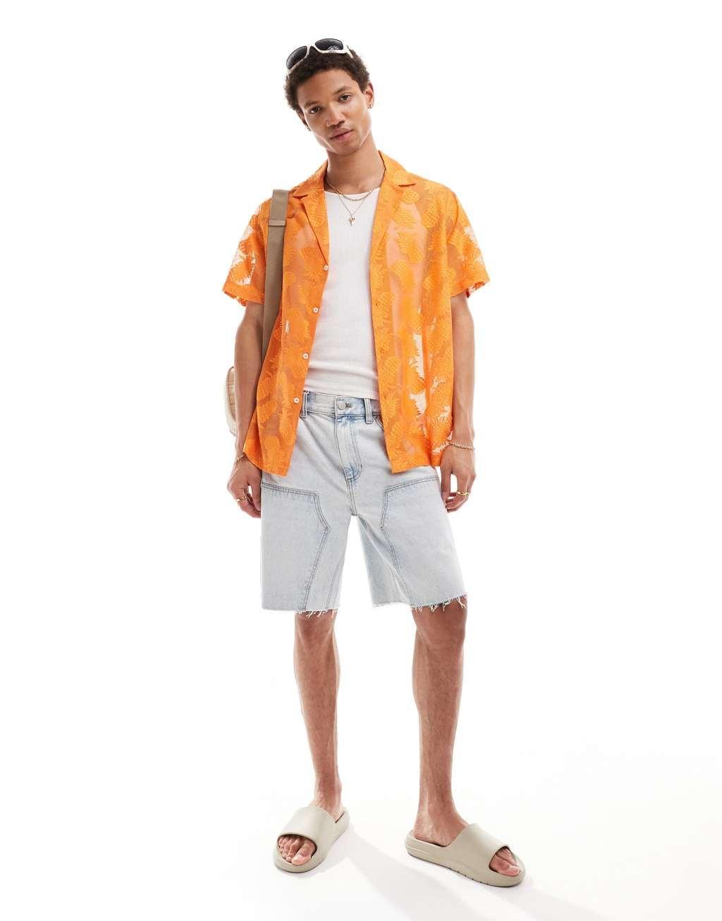 ASOS DESIGN short sleeve deep revere collar pineapple lace shirt in orange Product Image