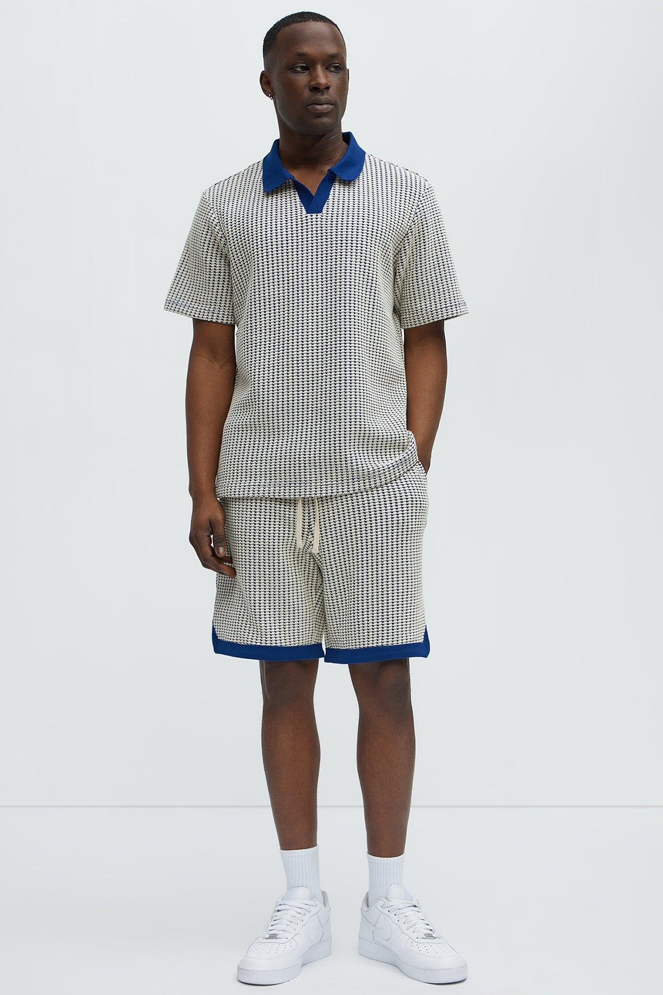 Devin Crochet Contrast Trim Johnny Collar Polo - Blue/combo Product Image