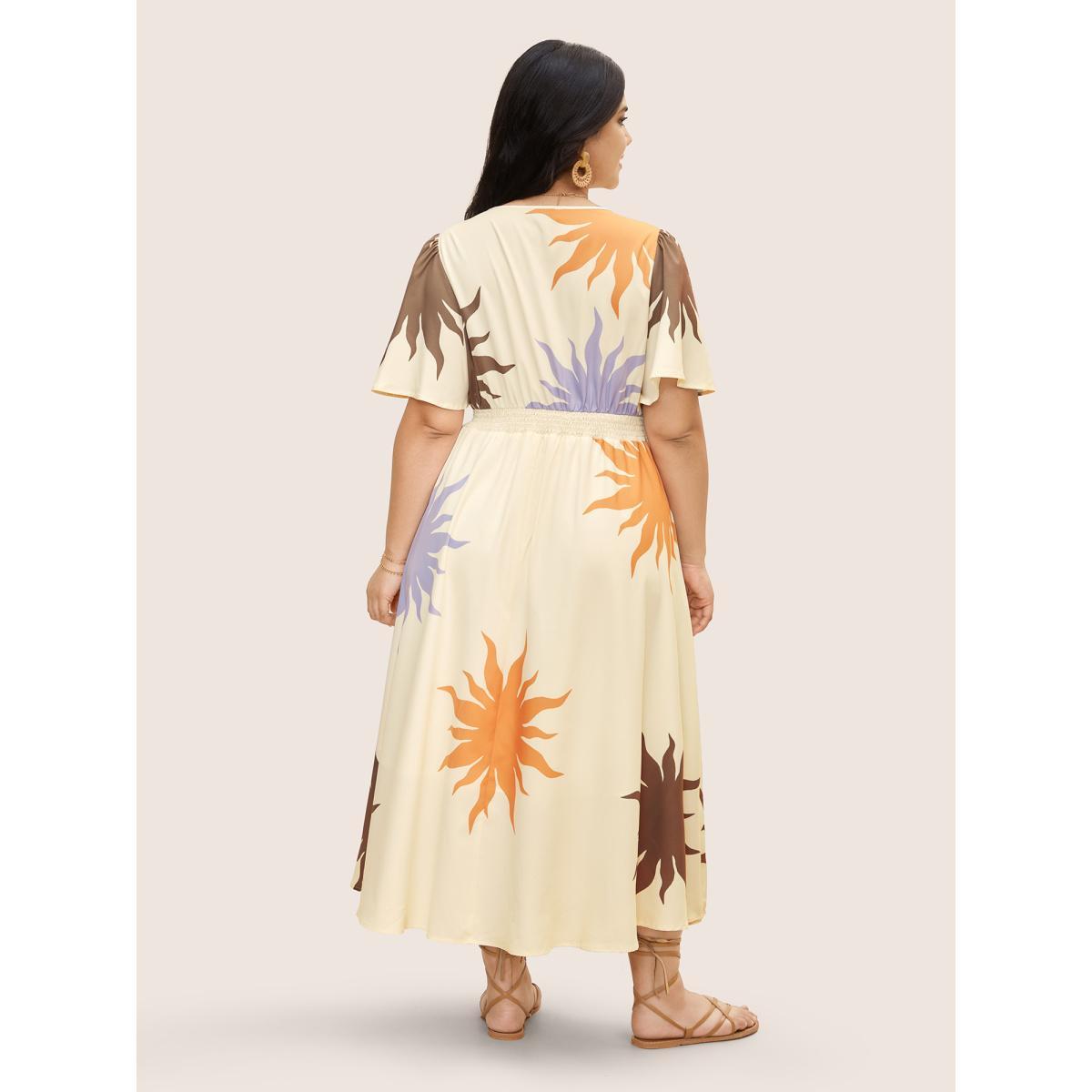 Plus Size Sun Print Shirred Ruffle Sleeve Dress WhiteSmoke Women Resort Shirred V-neck Short sleeve Curvy BloomChic 22-24/3X Product Image