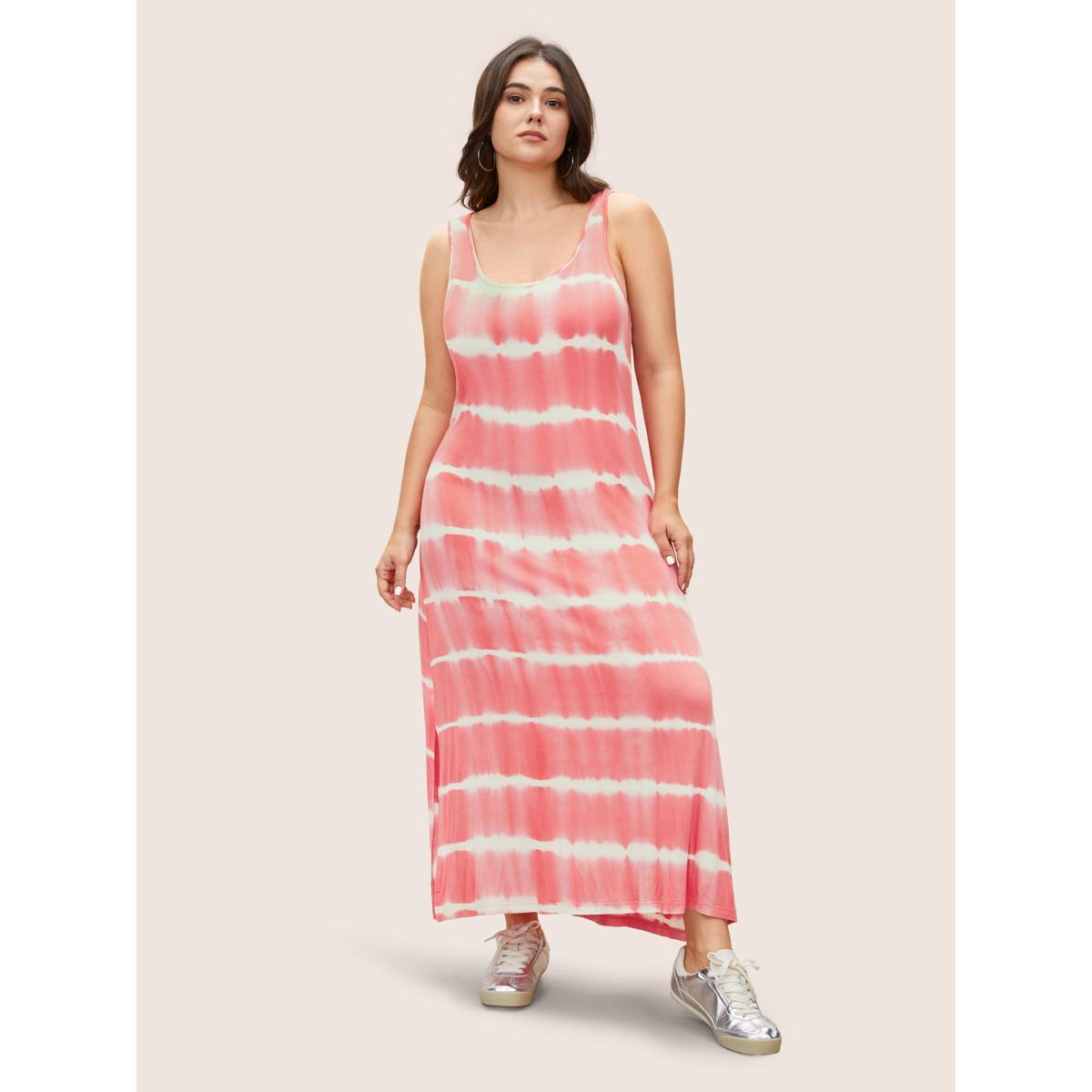 Plus Size U Neck Tie Dye Split Hem Tank Dress Pink Women Casual Non U-neck Sleeveless Curvy Midi Dress BloomChic 28/5X Product Image