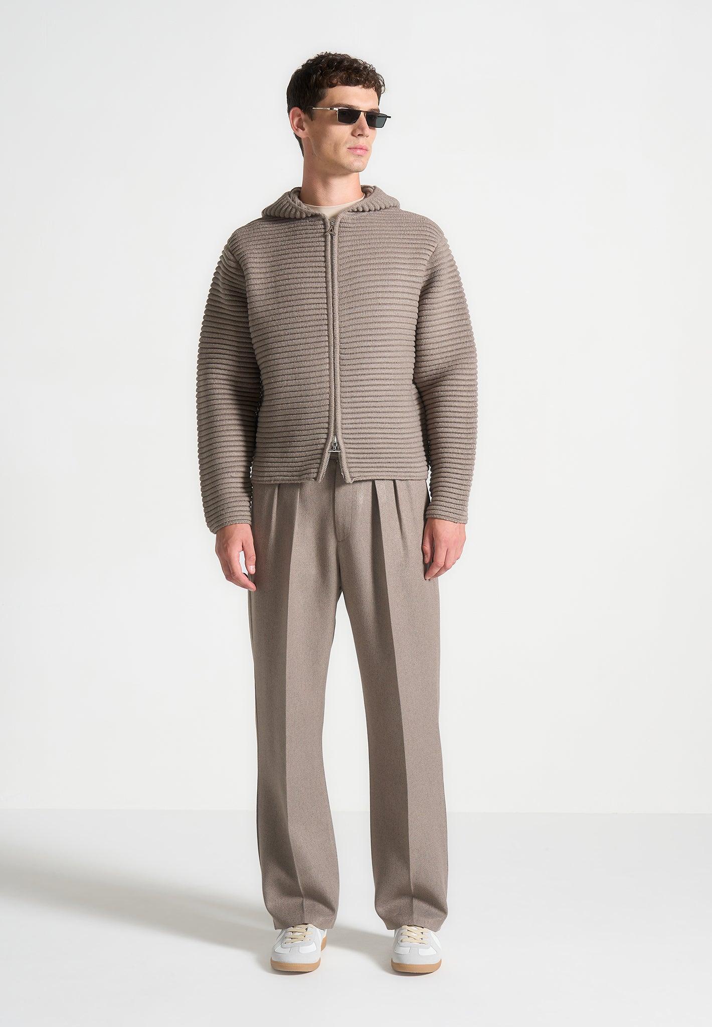 Ribbed Knit Zip Up Hoodie - Taupe Male Product Image