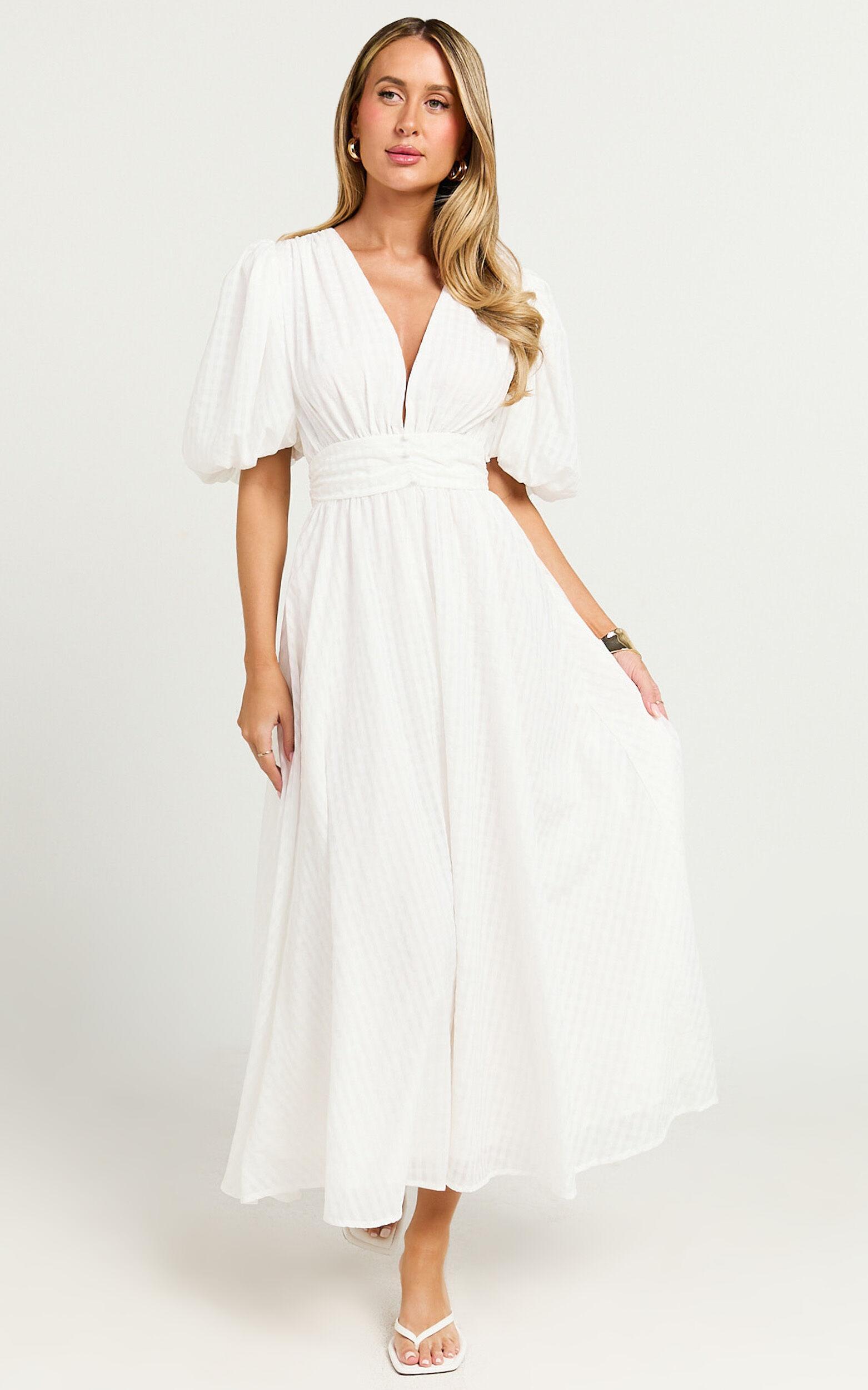 Xandy Midi Dress - Textured Puff Sleeve Plunge Dress in White Product Image