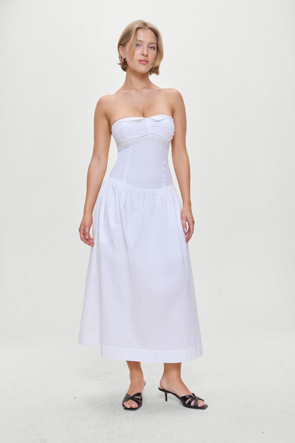 Horizon Strapless Collared Midi Dress - White Product Image