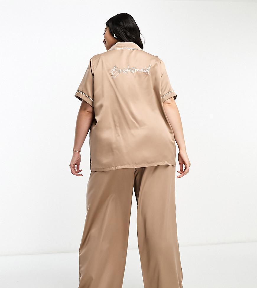 Loungeable Curve bridesmaid satin short sleeve camp collar shirt and pants in taupe Product Image