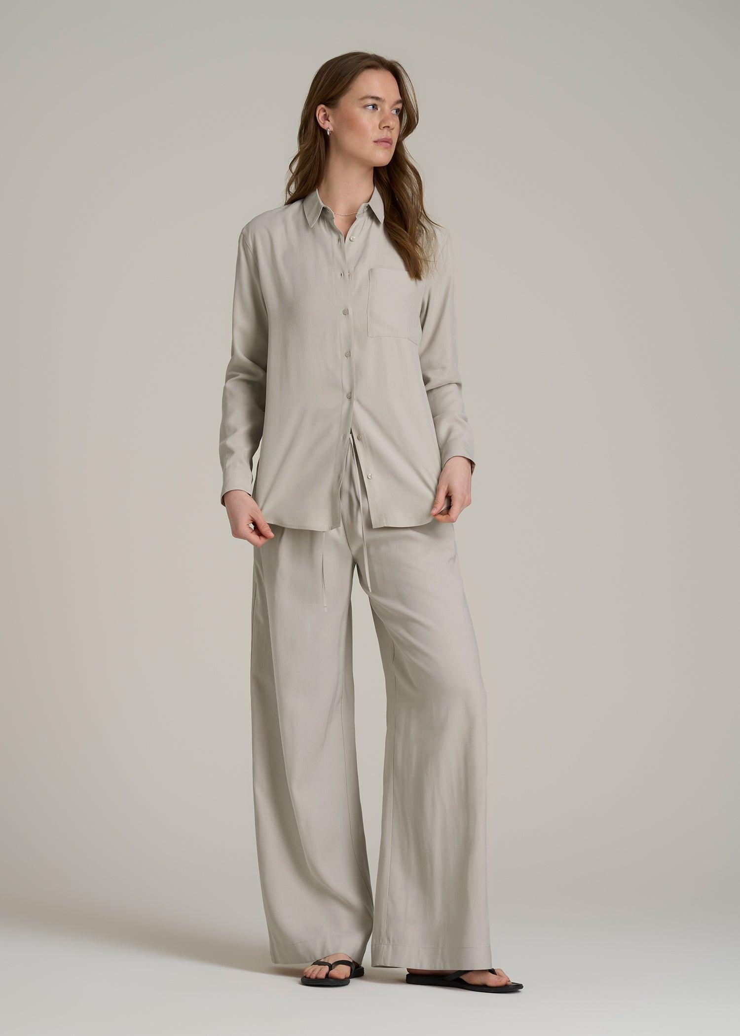 Relaxed Button-Up Single-Pocket Blouse for Tall Women in Stone Product Image