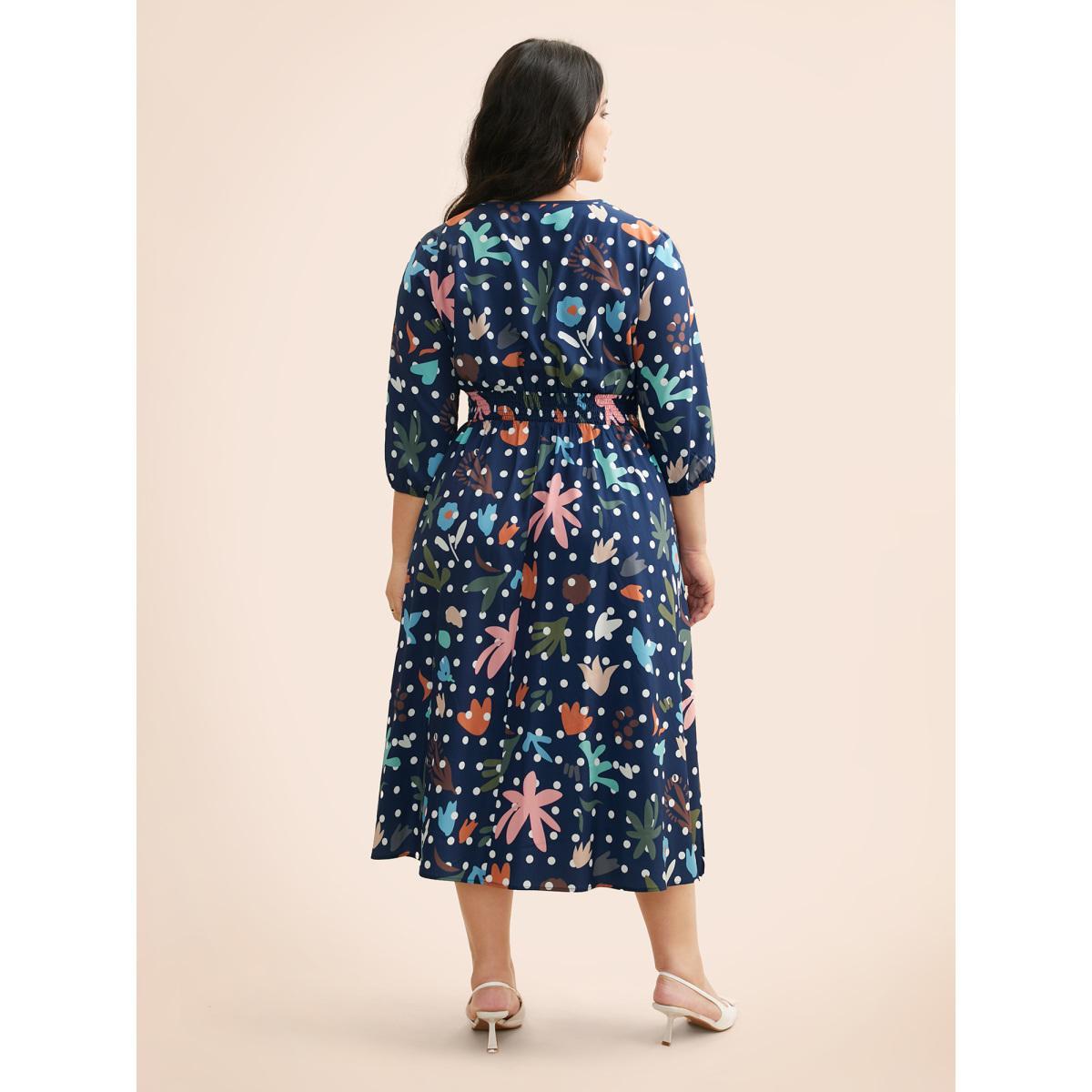Plus Size Overlap Collar Polka Dot Floral Shirred Dress Multicolor Women Elegant Shirred Overlap Collar Elbow-length sleeve Curvy BloomChic 30/6X Product Image