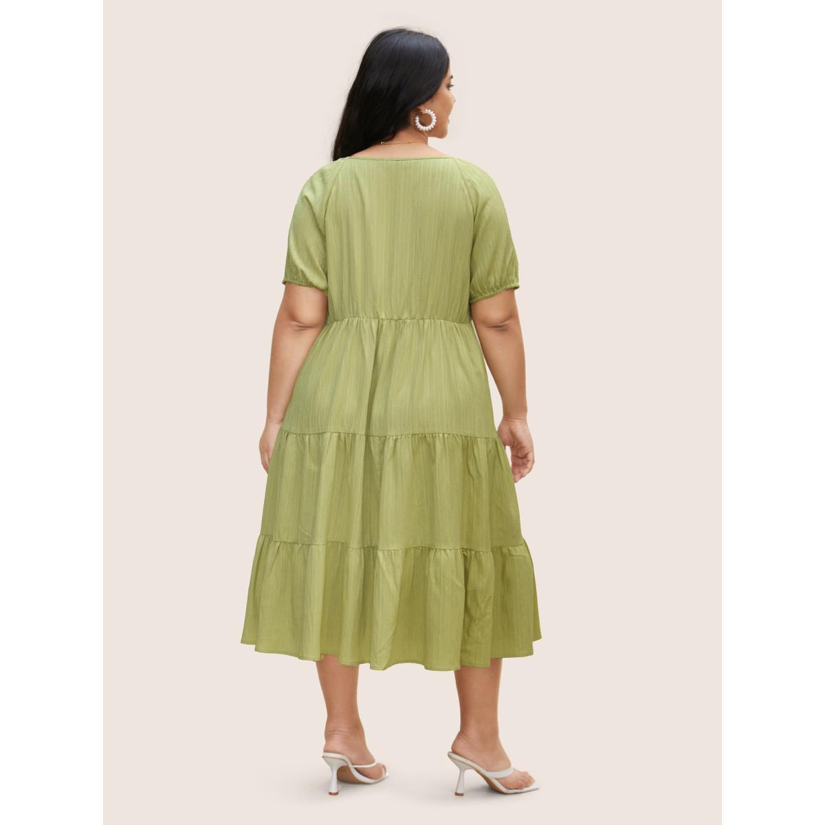 Plus Size Texture Gathered Ruffle Layered Hem Midi Dress Applegreen Women Resort Texture Square Neck Short sleeve Curvy BloomChic 12/L Product Image
