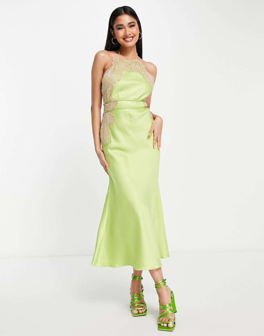 ASOS DESIGN high neck satin lace applique midi dress Product Image
