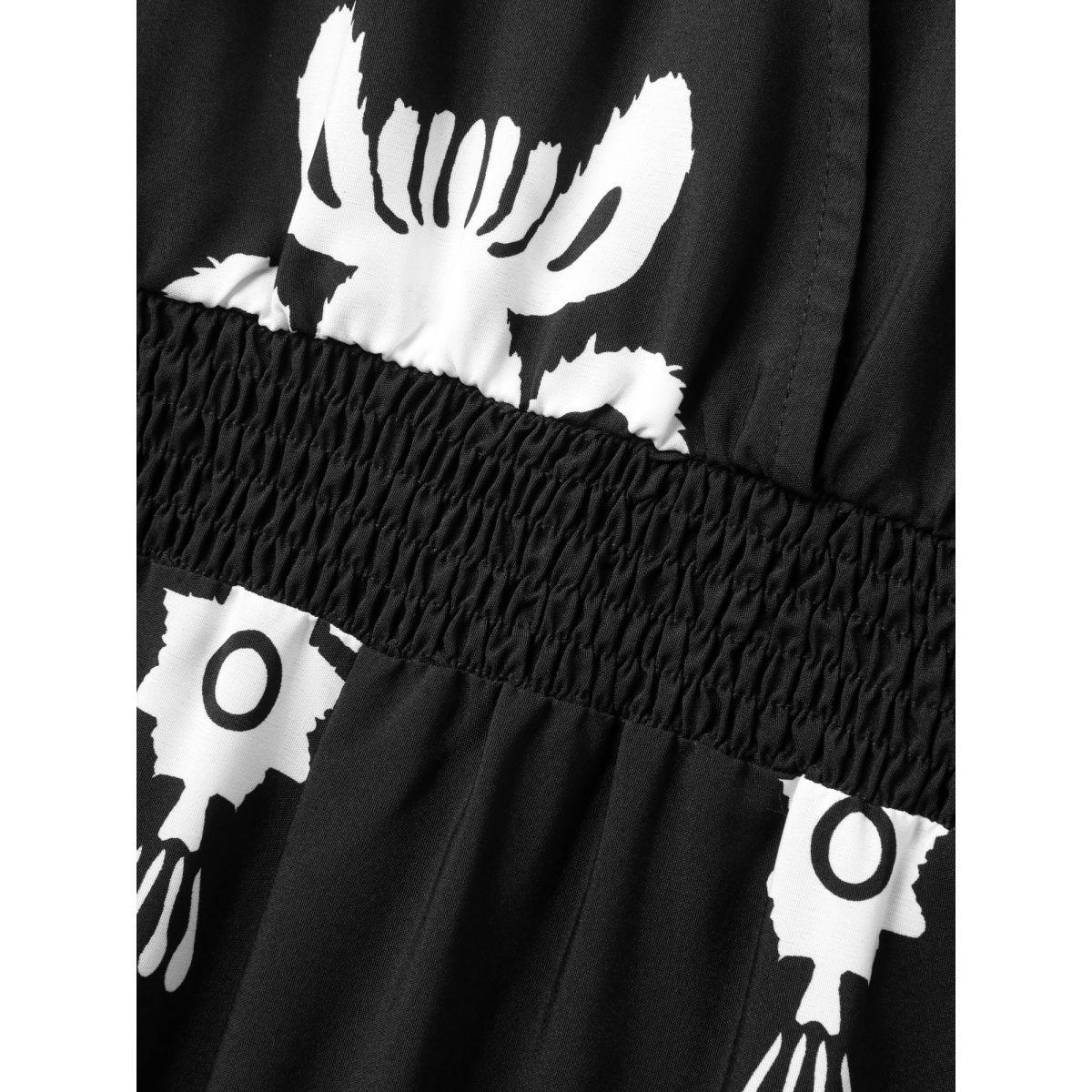 Plus Size Black Boho Print Shirred Waist Surplice Jumpsuit Women Short sleeve V-neck Vacation Loose Jumpsuits BloomChic 28/5X Product Image
