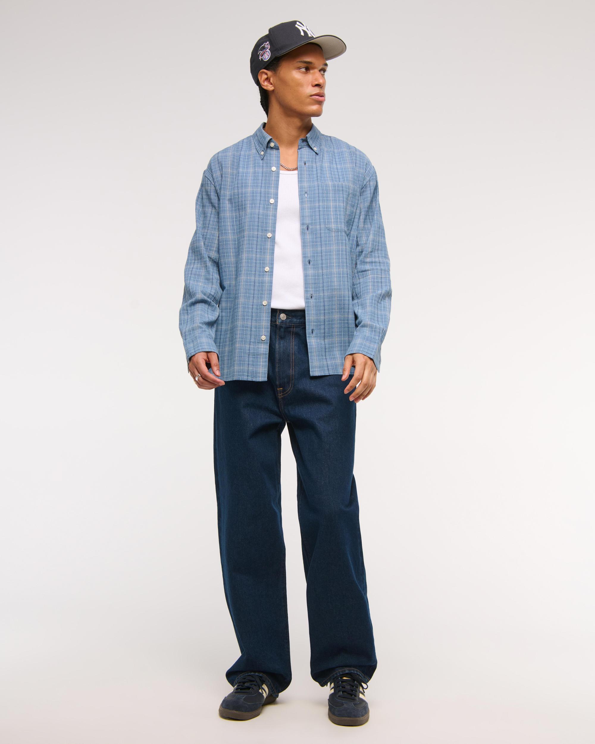 Long-Sleeve Textural Plaid Button-Up Shirt Product Image
