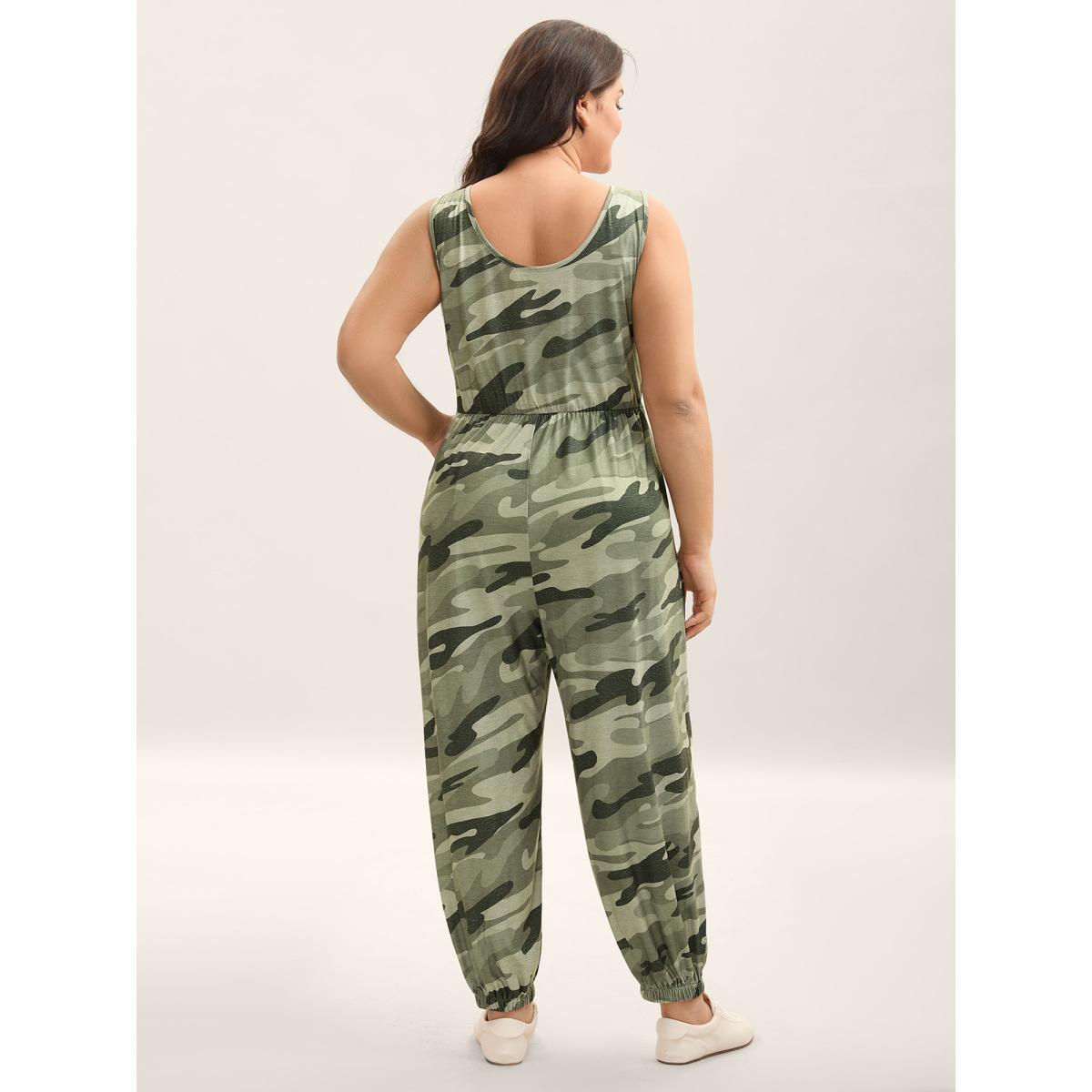 Plus Size Sage Stretchy Waist Camouflage Print Pockets Jumpsuit Women Sleeveless Round Neck Everyday-Casual Loose Jumpsuits BloomChic 18-20/2X Product Image