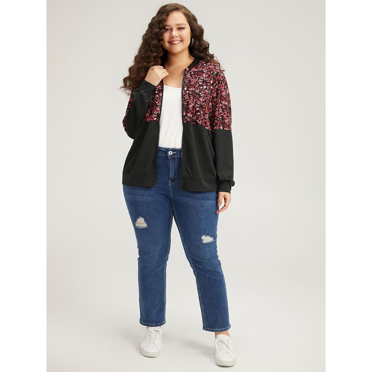 Plus Size Ditsy Floral Patchwork Zipper Elastic Cuffs Jacket Women Black Elastic cuffs Dailywear Jackets BloomChic 12/L Product Image
