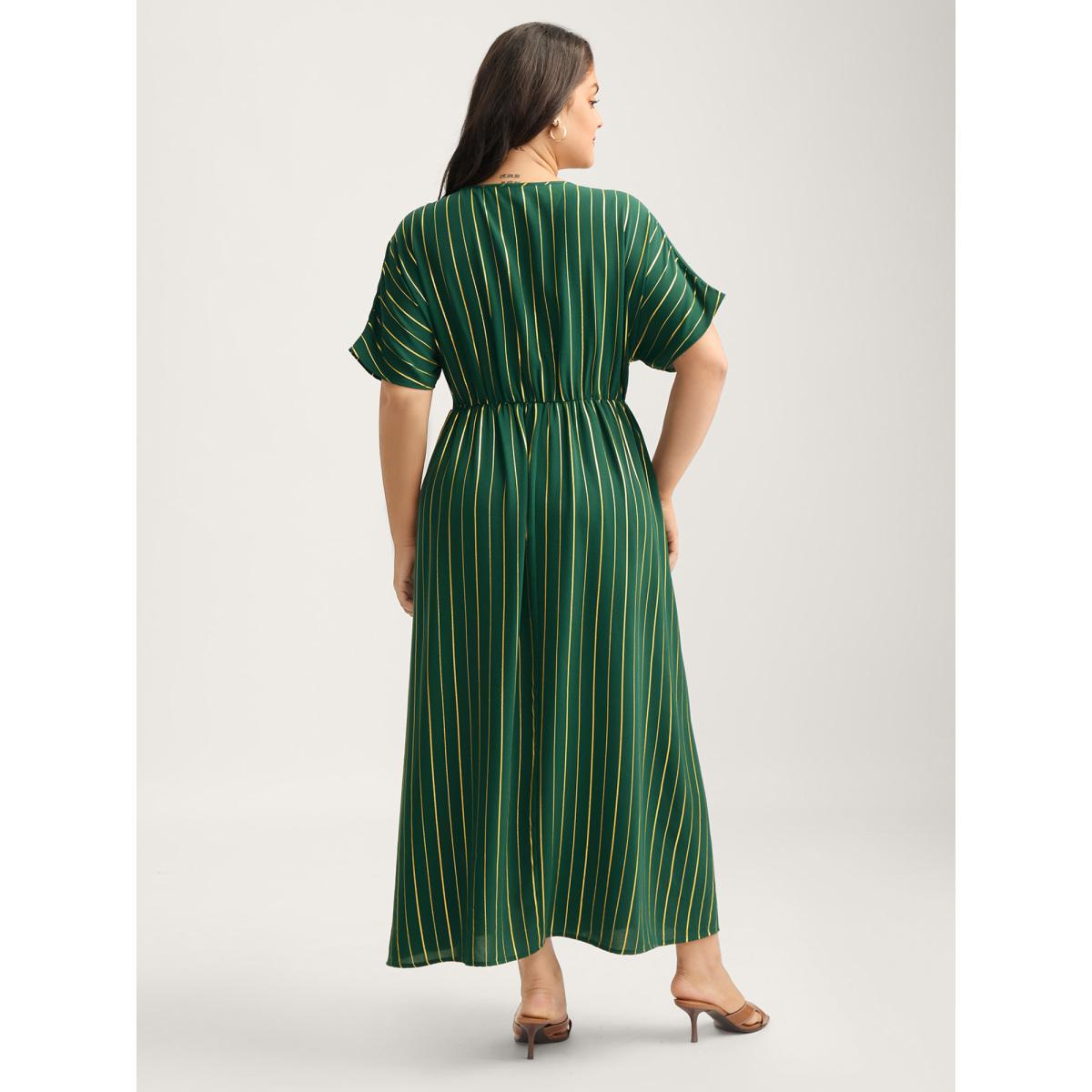 Plus Size Gold Shimmery Stripes Pockets Midi Dress DarkGreen Women V-neck Short sleeve Curvy BloomChic 30/6X Product Image