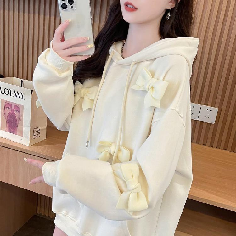 Plain Bow Accent Oversized Hoodie Product Image