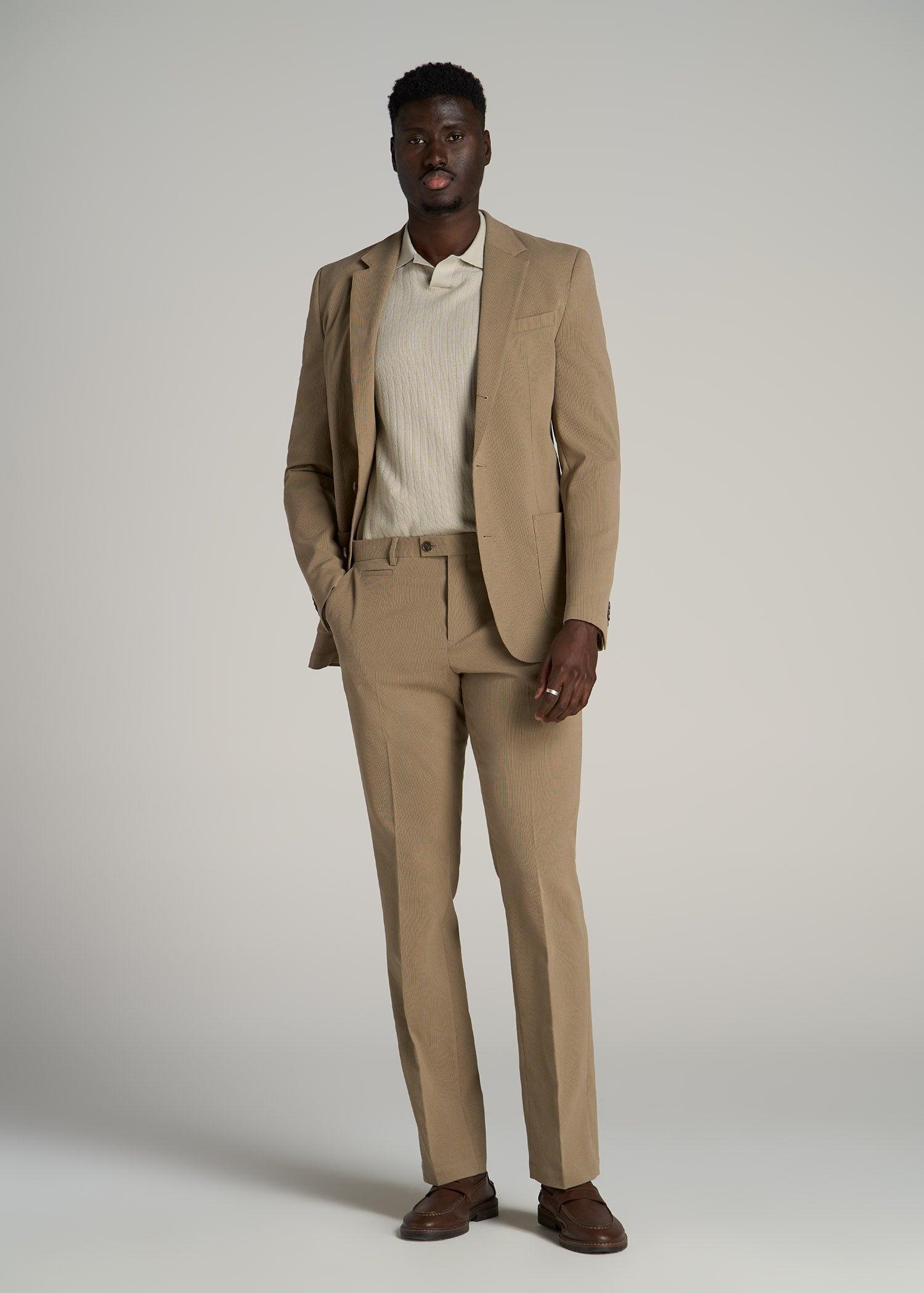 Textured Garment Washed Stretch Cotton Suit Pants for Tall Men in Desert Khaki Product Image