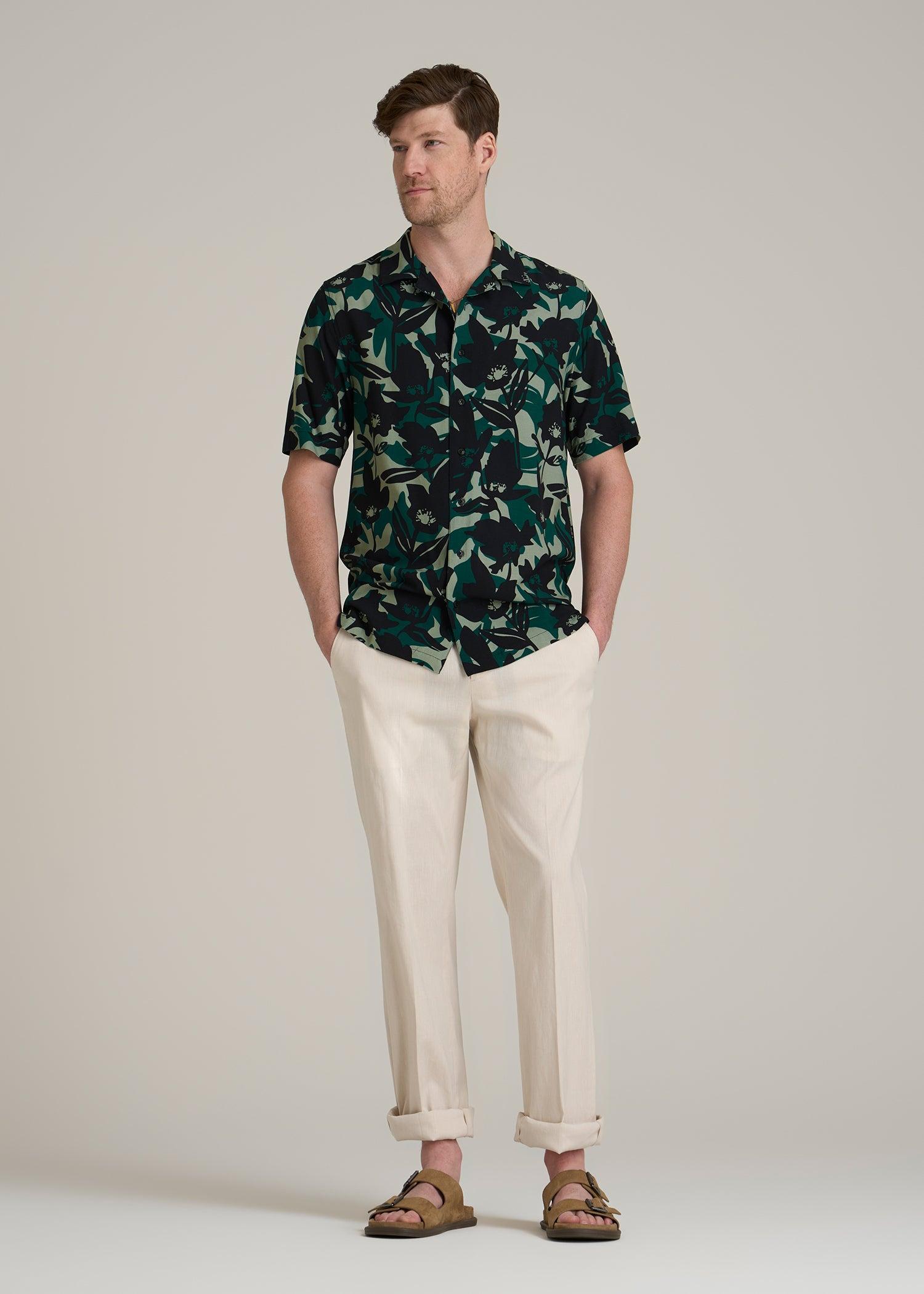 Short Sleeve Resort Shirt for Tall Men in Green and Black Floral Product Image
