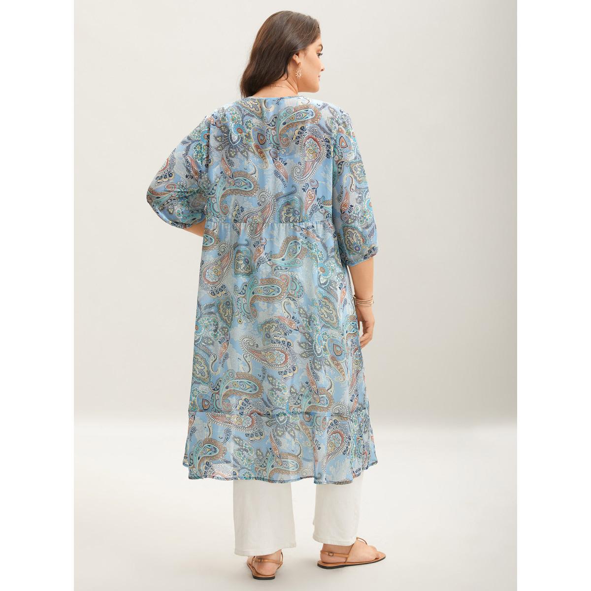 Plus Size Paisley Print Sheer Tied Kimono Cardigan Women LightBlue Resort Tie knot Vacation Kimonos BloomChic 30/6X Product Image