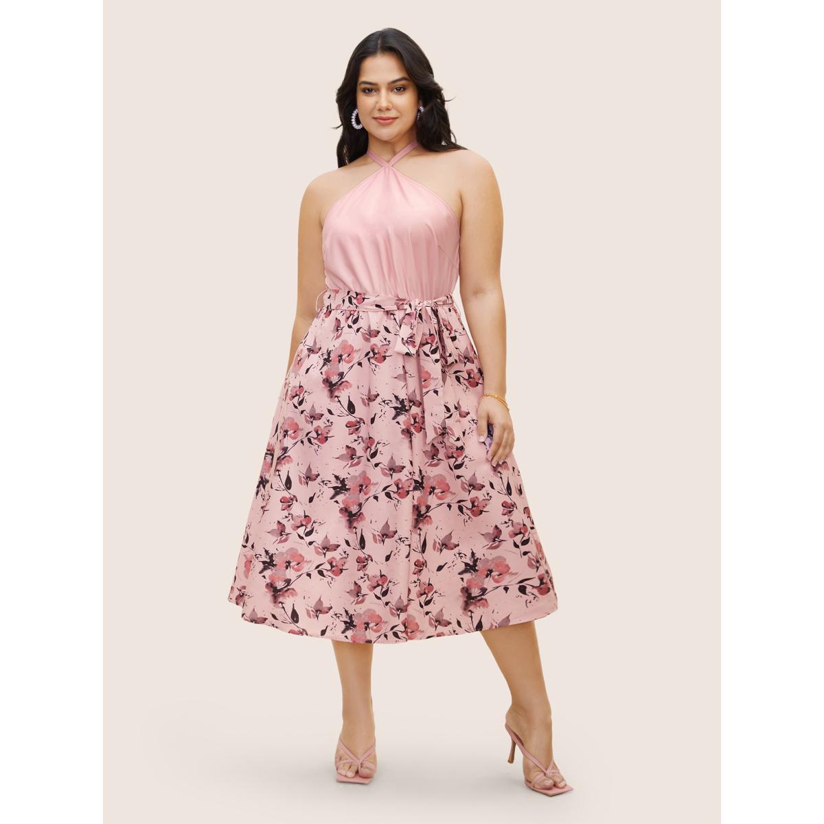 Plus Size Halter Neck Floral Patchwork Midi Dress Nudepink Women Elegant Belted Halter neck Sleeveless Curvy BloomChic 26/4X Product Image