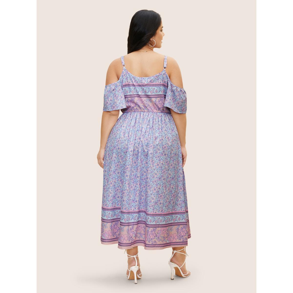 Plus Size Bandana Print Cold Shoulder Tie Knot Dress Lavender Women Resort Tie knot Round Neck Short sleeve Curvy BloomChic 18-20/2X Product Image