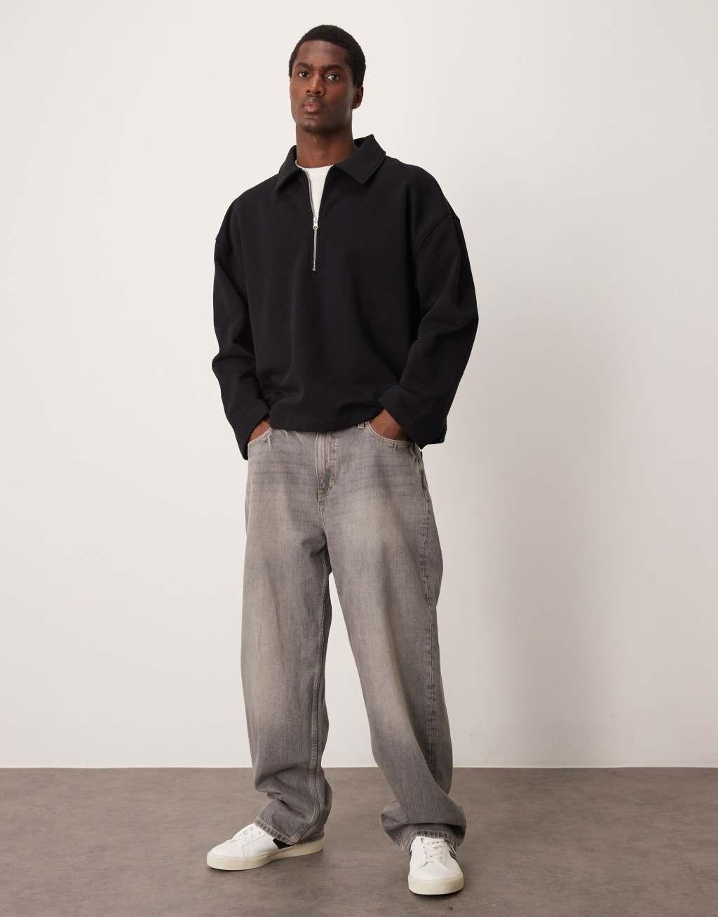 ASOS DESIGN heavyweight zip collar sweatshirt in black Product Image