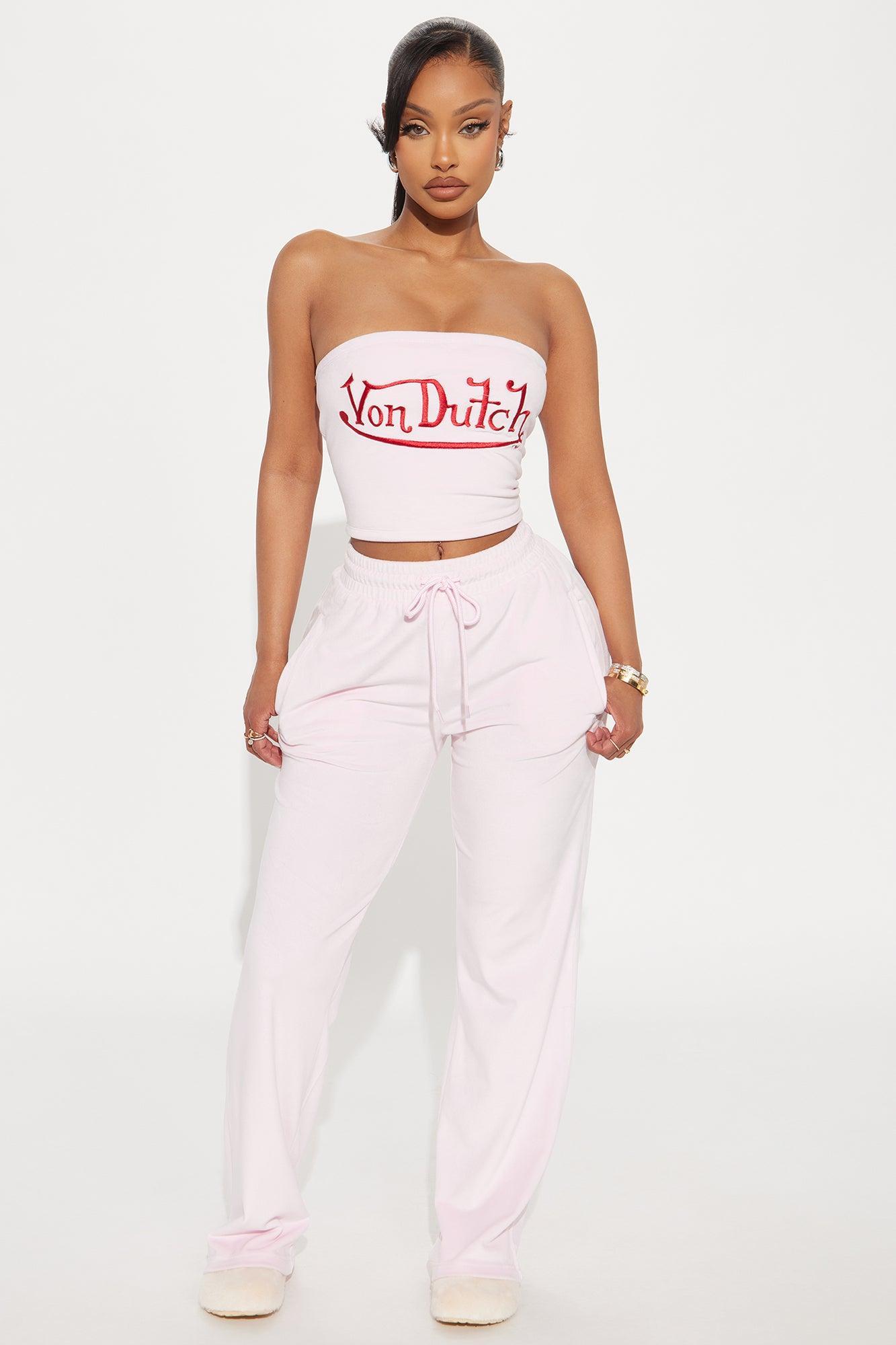 Von Dutch Velour Wide Leg Pant - Light Pink Product Image