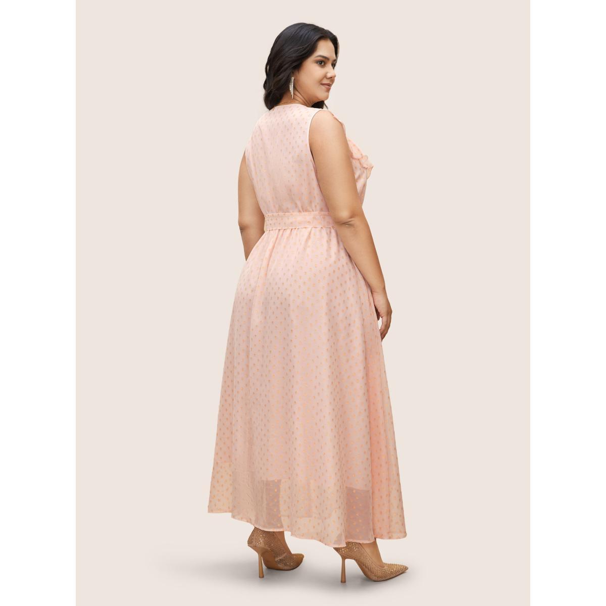 Plus Size Polka Dot Ruffles Belted Sleeveless Dress MistyRose Women Formal Belted V-neck Sleeveless Curvy BloomChic 28/5X Product Image