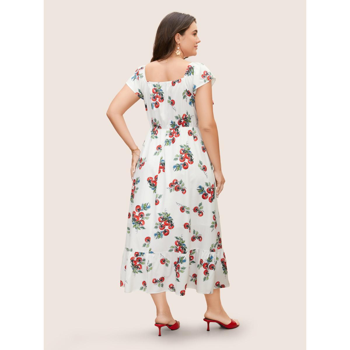 Plus Size Tomato Print Square Neck Ruffle Cap Sleeve Dress Originalwhite Women Elegant Ruffles Square Neck Cap Sleeve Curvy BloomChic 28/5X Product Image