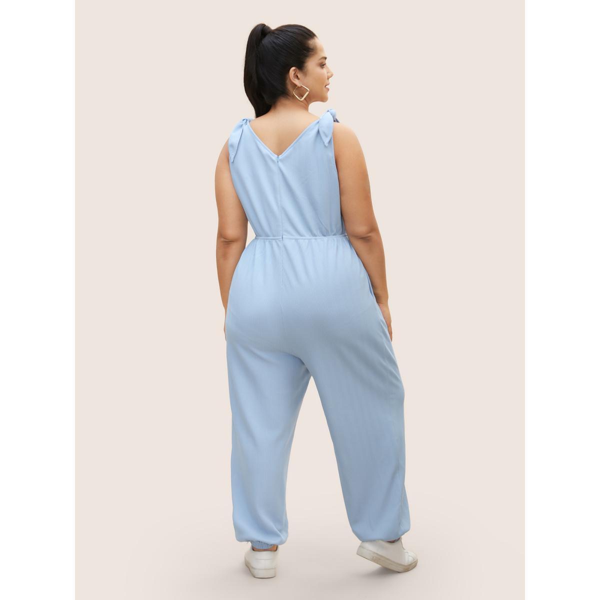 Plus Size LightBlue Solid Tie Knot Pit Strip Jumpsuit Women Casual Sleeveless V-neck Everyday Loose Jumpsuits BloomChic 12/L Product Image