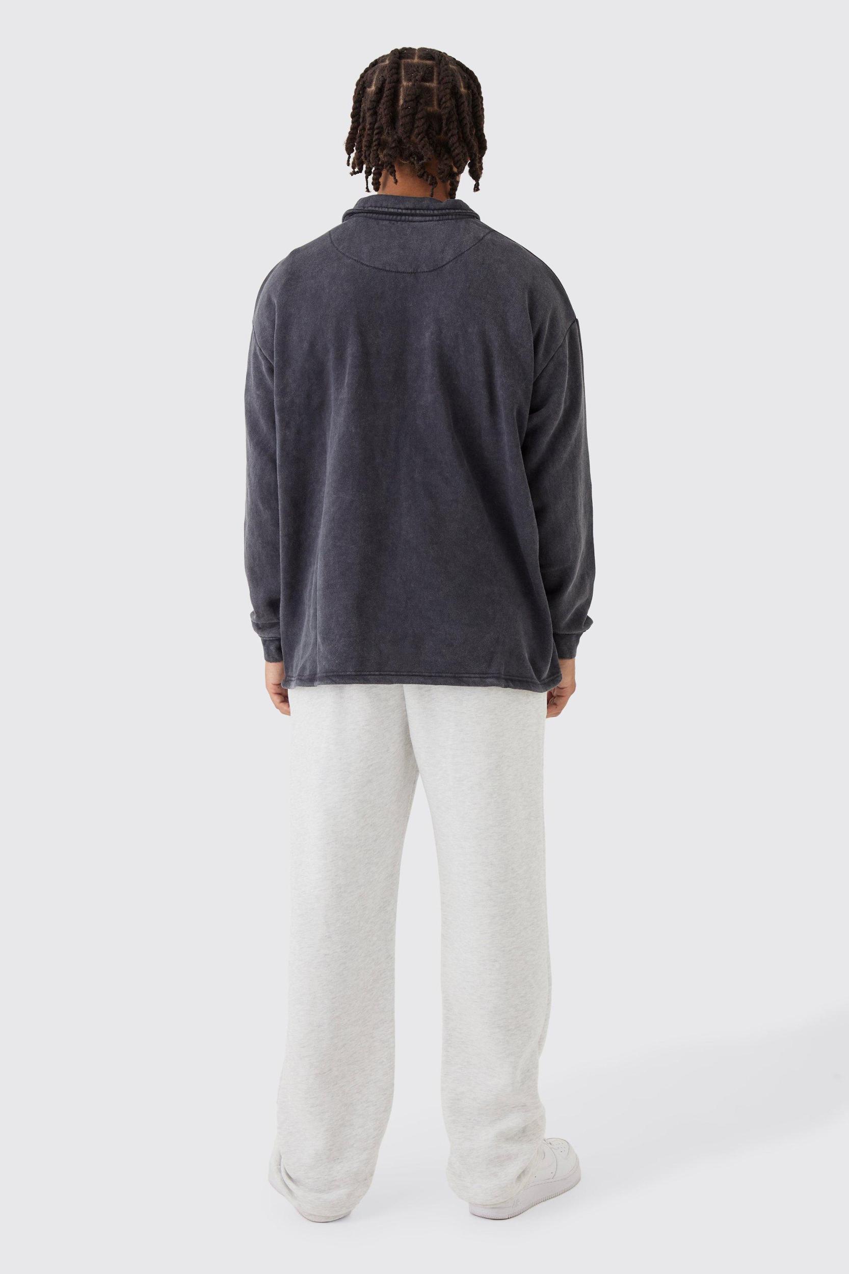 Oversized Revere Washed Embroidered Rugby Sweatshirt Polo | boohooMAN USA Product Image