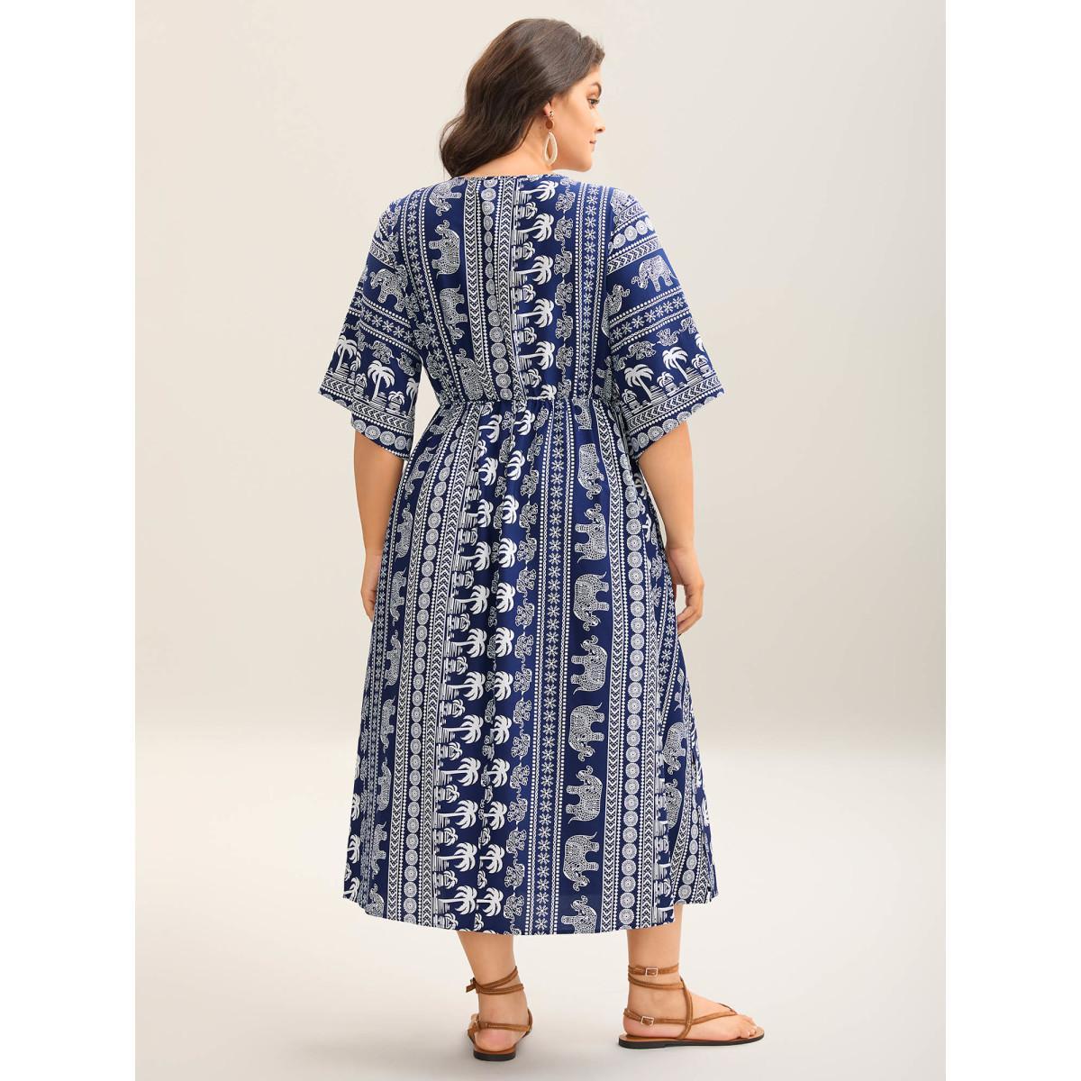 Plus Size Resort Ready Print Shirred Waist Maxi Dress DarkBlue Women Overlap Collar Half Sleeve Curvy BloomChic 12/L Product Image