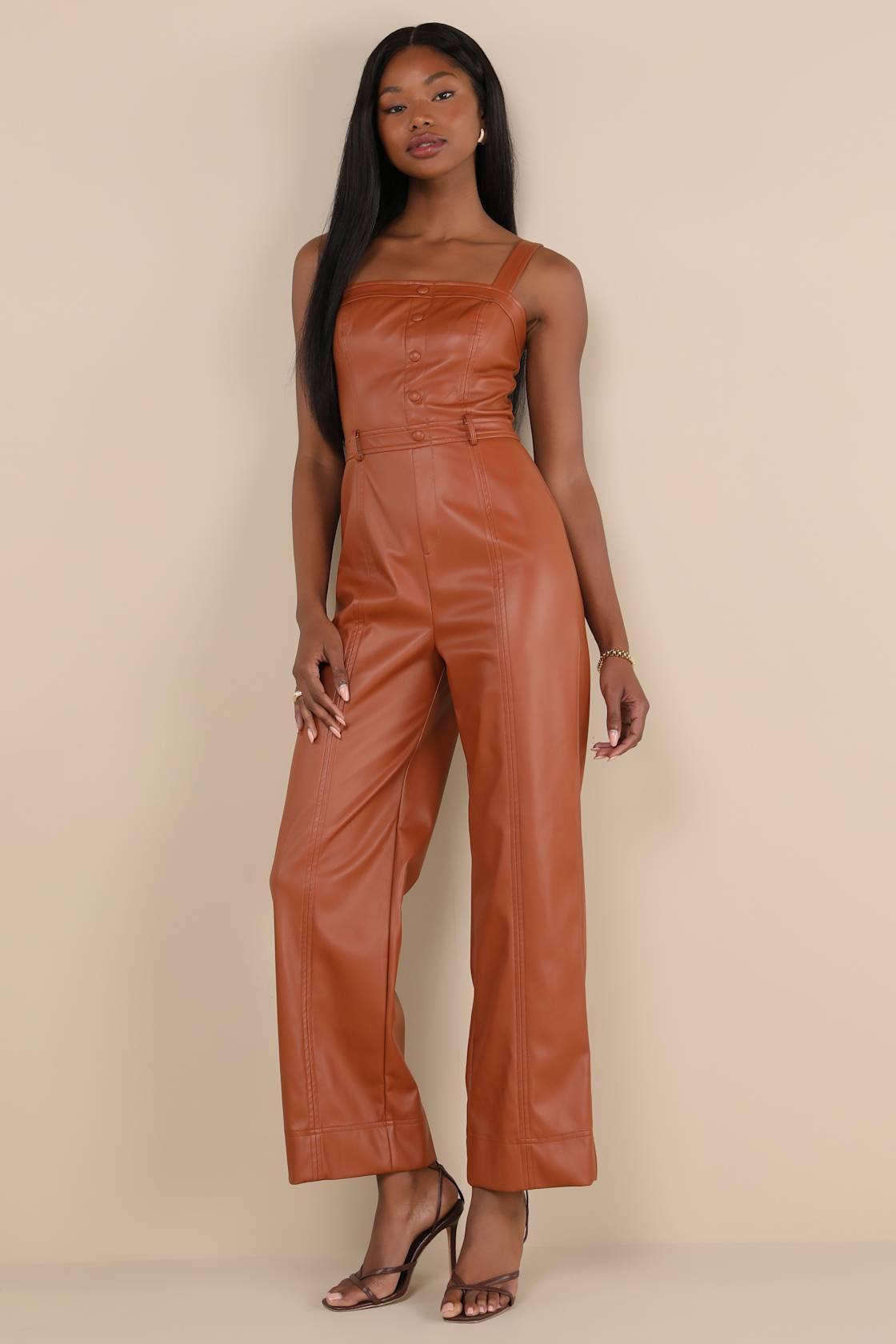 Trendiest Cutie Brown Vegan Leather Straight Leg Jumpsuit Product Image