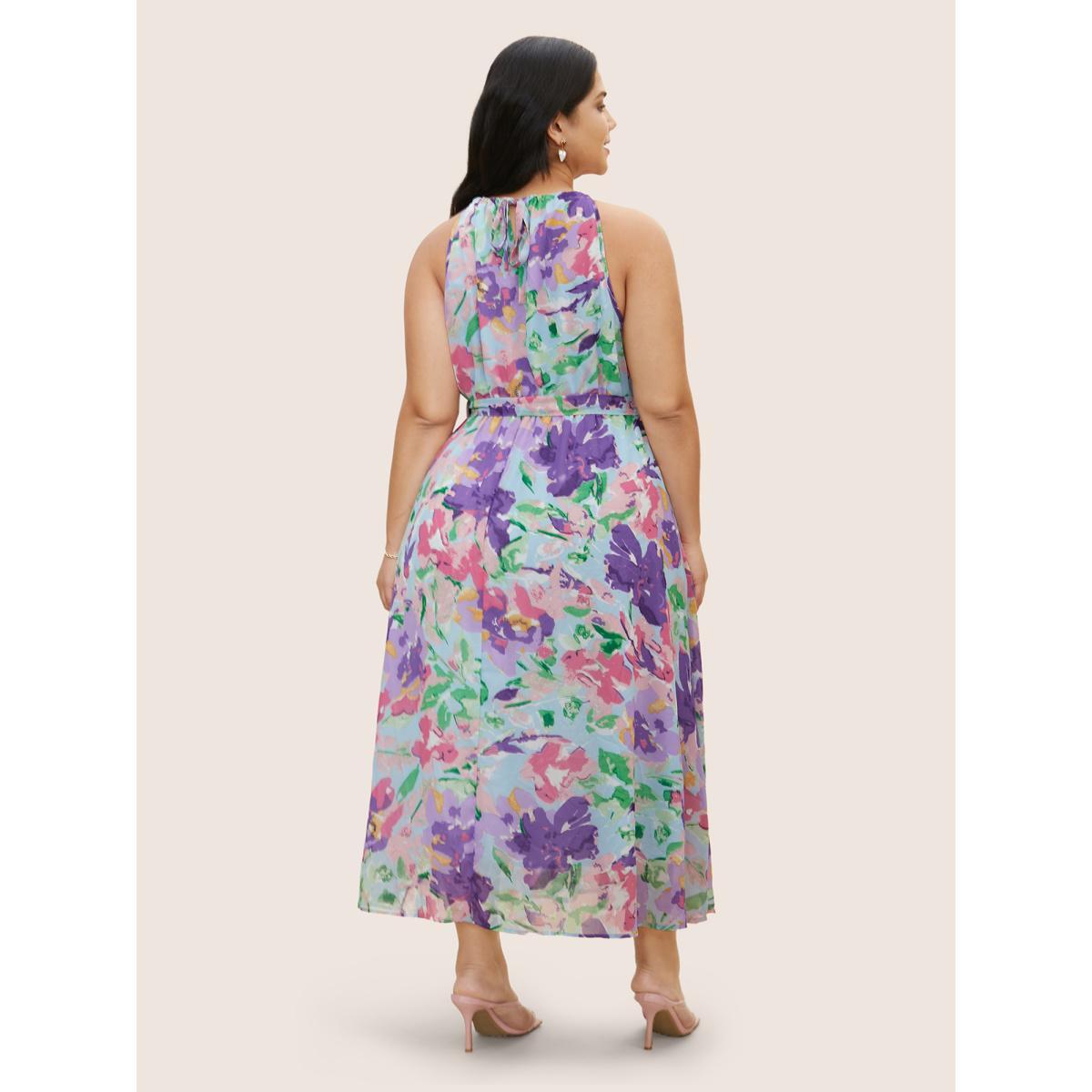 Plus Size Halter Neck Watercolor Floral Belted Dress LightBlue Women Elegant Gathered Halter neck Sleeveless Curvy BloomChic 18-20/2X Product Image