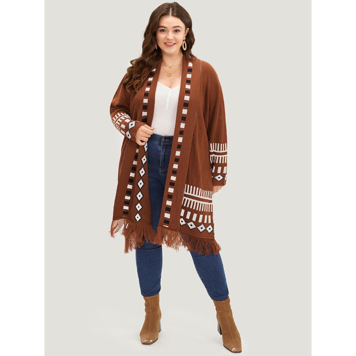 Plus Size Geometric Tassel Trim Open Front Cardigan Maroon Women Casual Loose Long Sleeve Dailywear Cardigans BloomChic 10/M Product Image