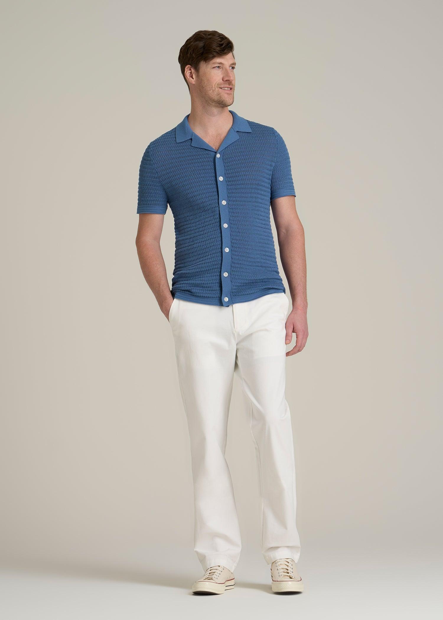 Short Sleeve Crochet Polo Cardigan for Tall Men in Deep Cobalt Product Image