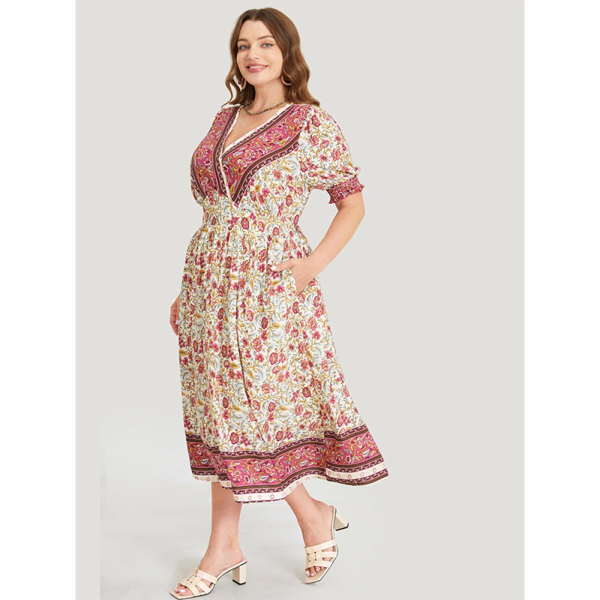 Plus Size Bandana Print Surplice Neck Pocket Shirred Puff Sleeve Dress Apricot Women Vacation Overlap Collar Short sleeve Curvy Midi Dress BloomChic 18-20/2X Product Image