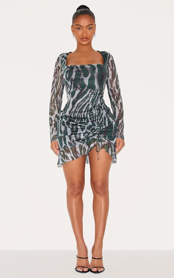 Shape Green Abstract Print Mesh Long Sleeve Ruched Side Frill Hem Bodycon Dress Product Image