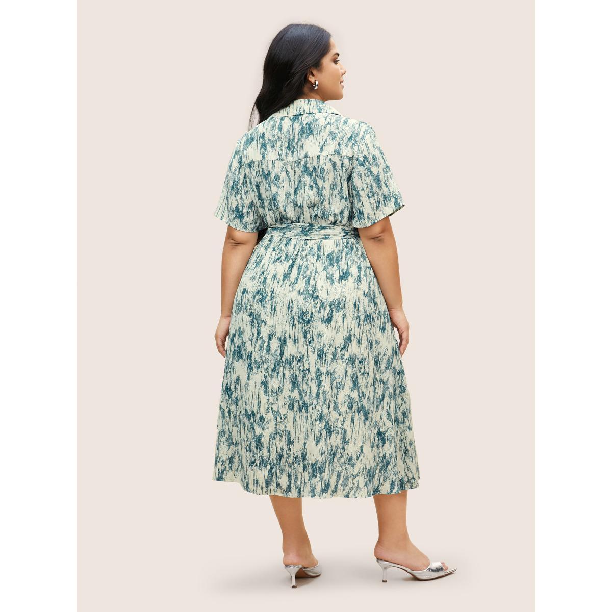 Plus Size Gradient Dyeing Print Shirt Collar Belted Dress Mediumblue Women At the Office Shirt collar Short sleeve Curvy BloomChic 30/6X Product Image