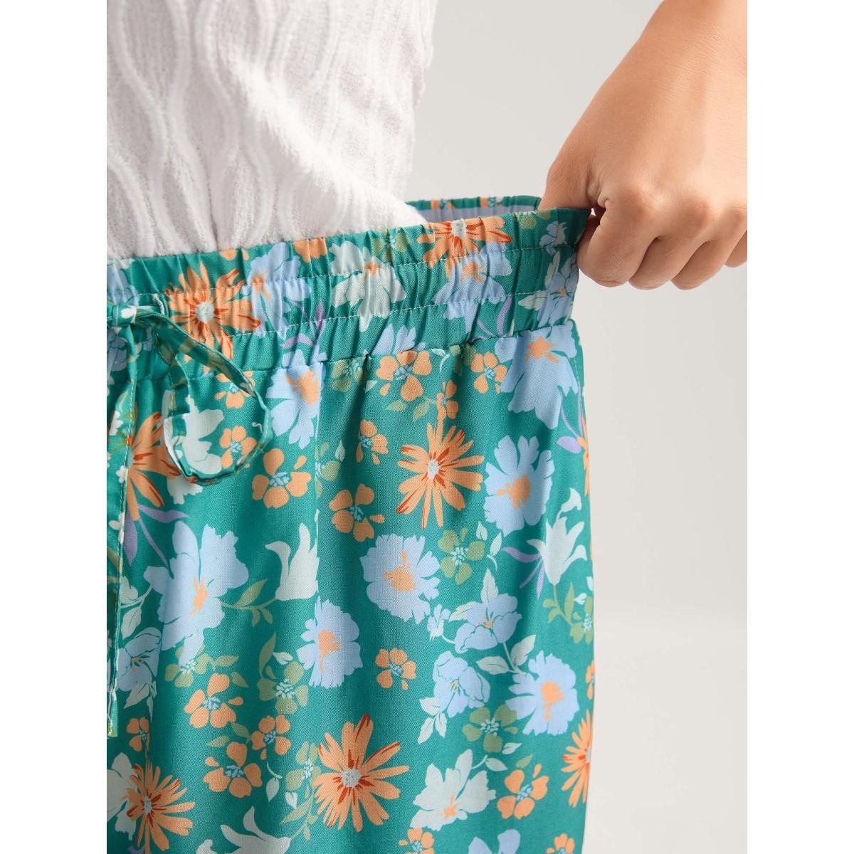 Plus Size Breezy Floral Print Wide-Leg Pants Women Turquoise Elegant Wide Leg Mid Rise Everyday-Elegant Pants BloomChic 30/6X Product Image