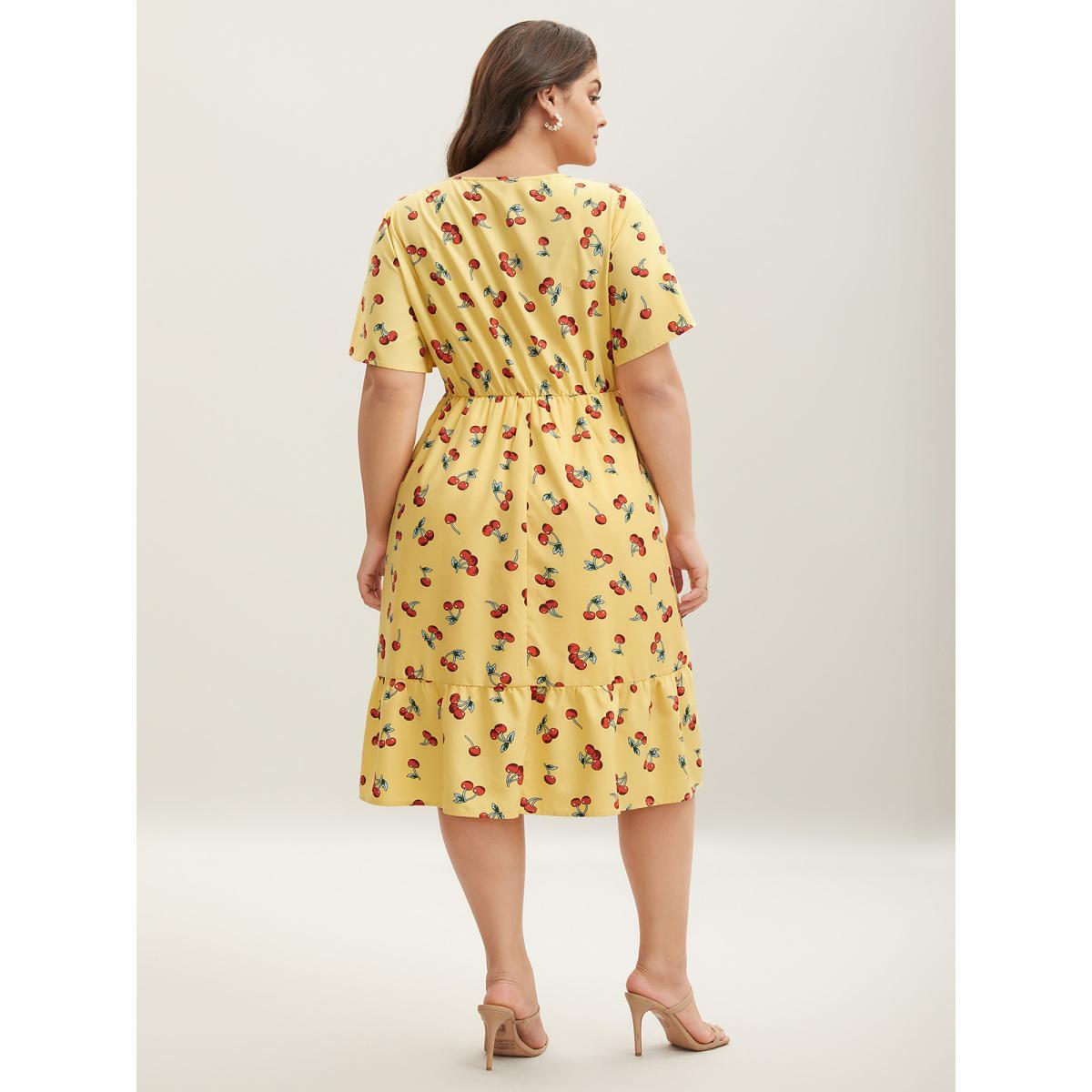 Plus Size Cherry Print Stretchy Cinched-Waist Midi Dress Lemonyellow Women V-neck Short sleeve Curvy BloomChic 18-20/2X Product Image