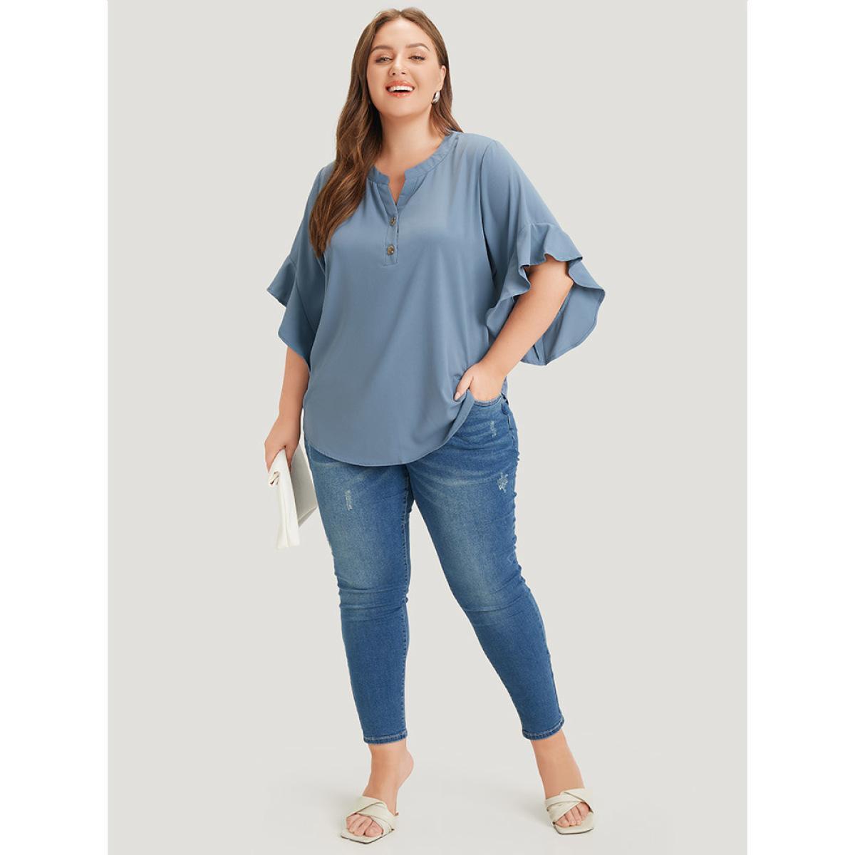 Plus Size Stone Anti-Wrinkle Plain Notched Flutter Sleeve Button Up Blouse Women Office Short sleeve Notched collar Work Blouses BloomChic 26/4X Product Image